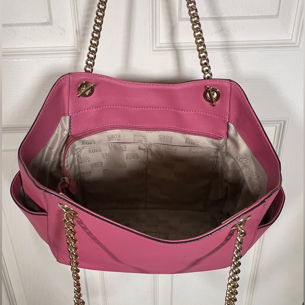 Michael Kors Pink Saffiano Leather Tote Gold Chain Shoulder Bag - Picture 13 of 16